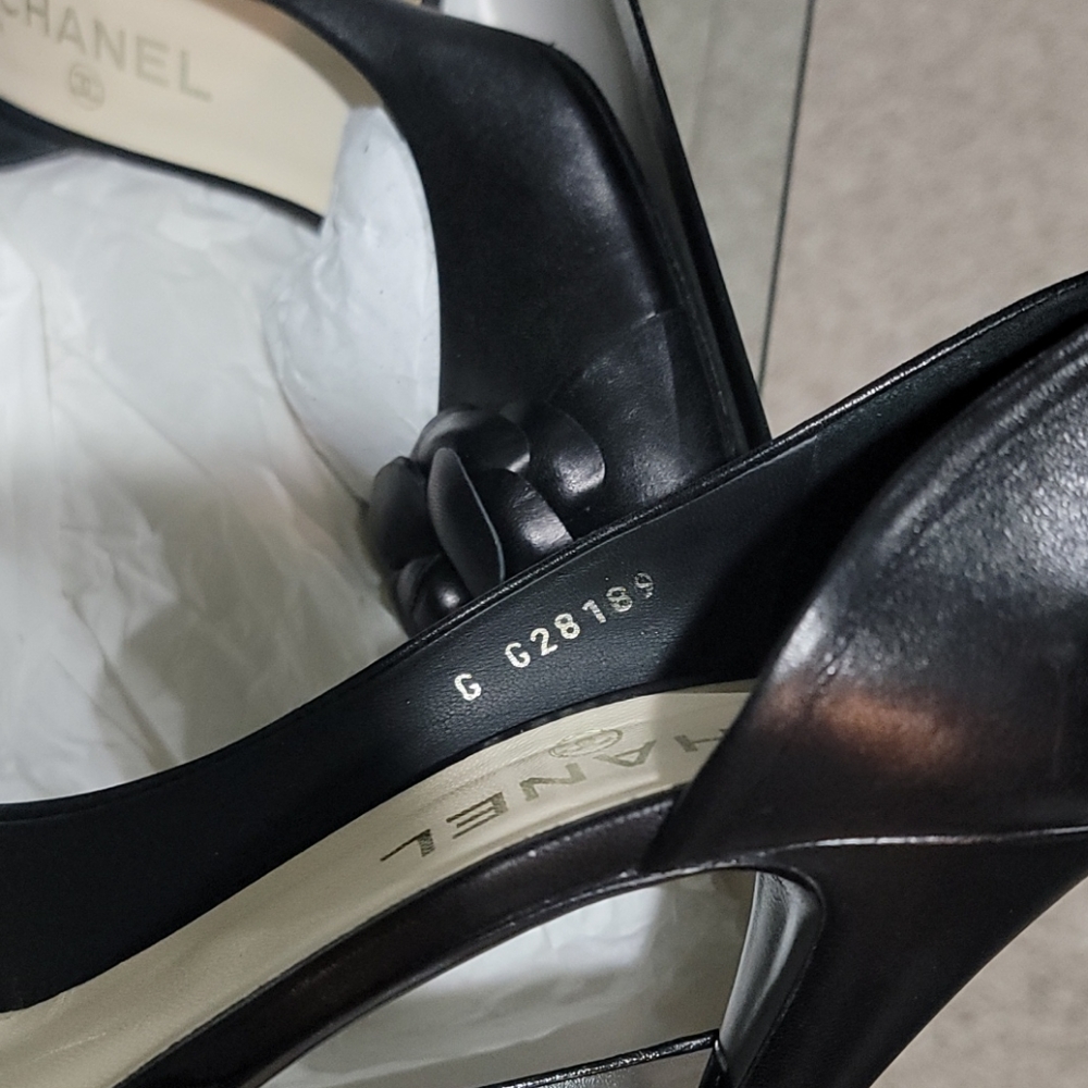 CHANEL Black Leather Camellia Peep-Toe Pumps - Picture 9 of 13